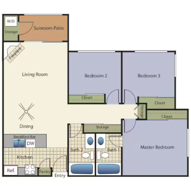 3 Bedrooms 2 Baths  32A B102 floor plan